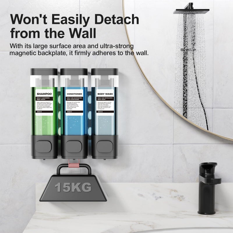 Aeakey 3-Chamber Wall Mounted Shampoo and Conditioner Dispenser,300ML Each Shower Soap Dispenser,Easy Refill,No Drip,Ideal for Shampoo,Conditioner,Body Wash for Bathroom Kitchen Hotel Black - Image 2